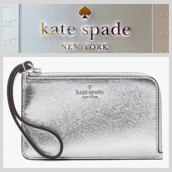 kate spade Handbags - Kate Spade wristlet Lucy Metallic Small L-zip Wristlet NWT $99 Silver leather